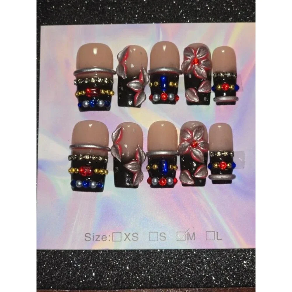 Elegant Black French Tip Nails with 3D Flowers, RedBlue Rhinestones | Med Square